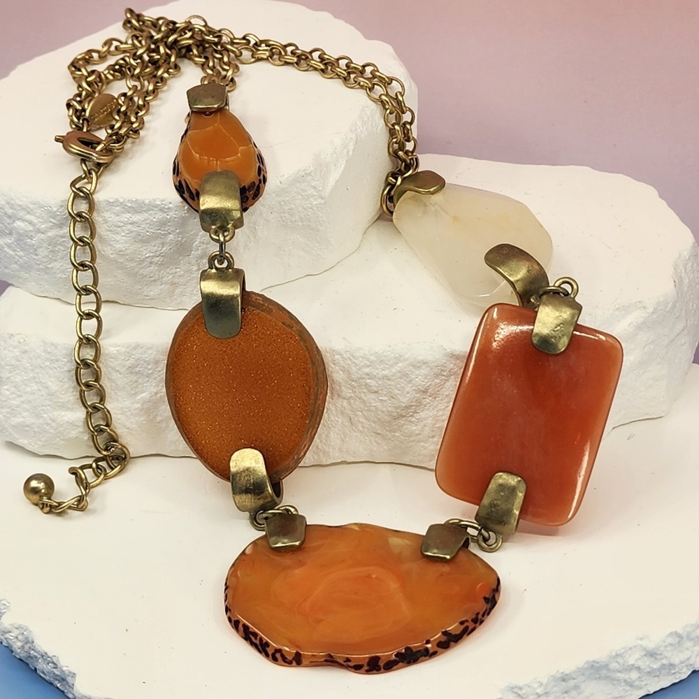 Chico's Orange Resin Chunky Statement Necklace Gold Tone Boho Artisan Runway